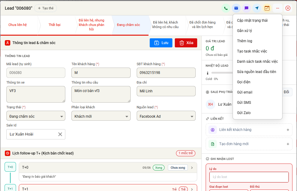 Màn hình chi tiết lead, vùng thông tin lead