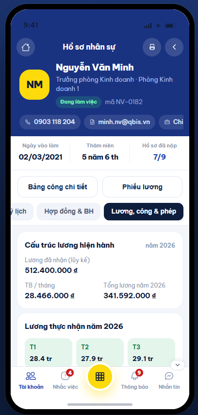 Hồ sơ nhân sự trên app, tab Lương công và phép
