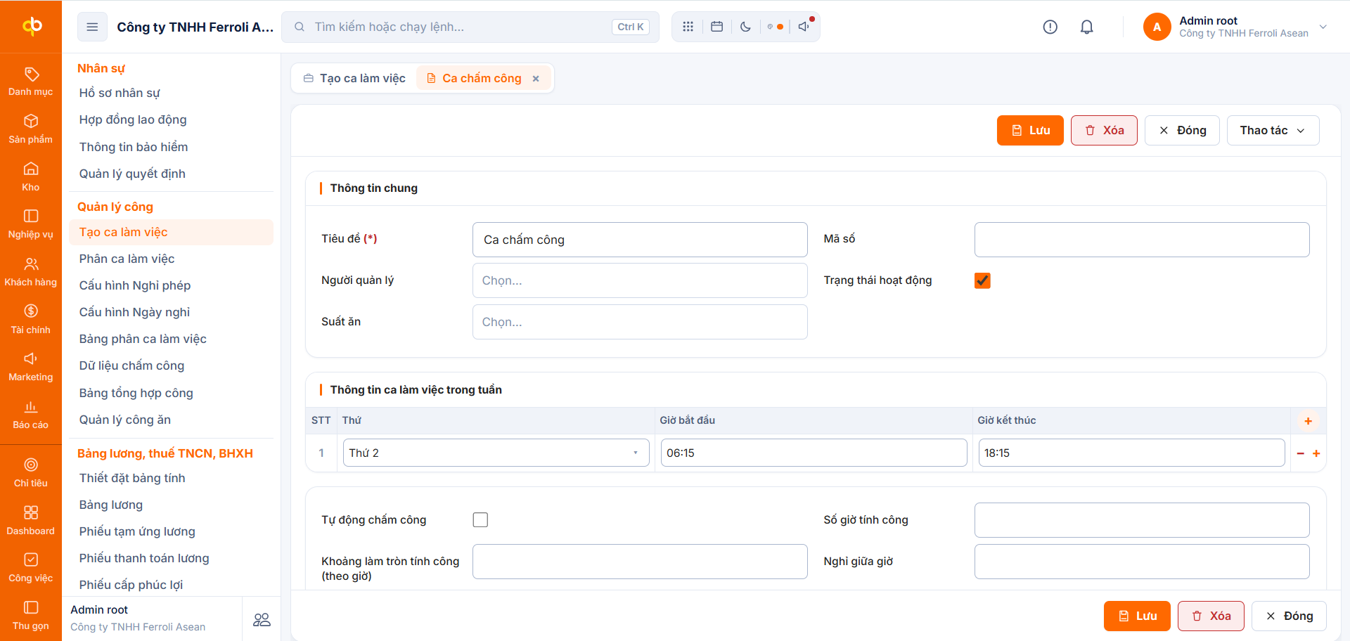Form ca chấm công phần thông tin chung