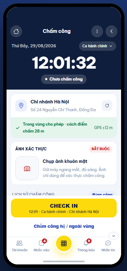 Màn chấm công trên app, trạng thái chưa chấm công